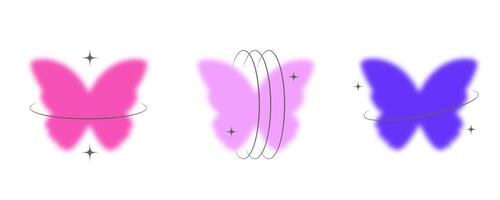 Y2k blurred butterfly. Gradient sticker element. Aesthetic groovy soft figure with glow. Aura trendy effect with orbits and sparkles on white background vector