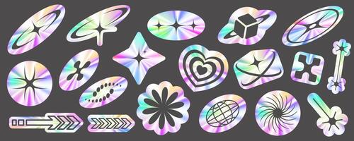 Y2k holographic stickers set. Retro gradient foil shapes and futuristic labels. 2000s rave neon collection. Textured graphic space badges. Vector. vector