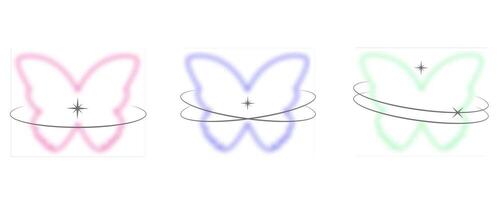 Y2k blurred butterfly. Gradient sticker element. Aesthetic groovy soft figure with glow. Aura trendy effect with orbits and sparkles on white background vector