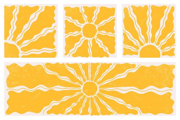 Groovy sun background. Abstract retro vector wavy radial rays. Vintage summer 70s psychedelic design. Cartoon modern poster illustration.