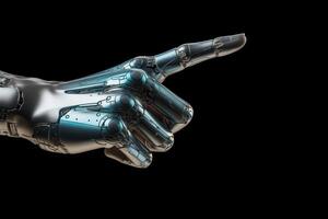 AI generated Robot hand pointing isolated on black photo