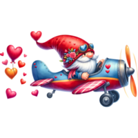 ai généré Valentin jour, illustration de une mignonne gnome en volant une avion avec cœurs png