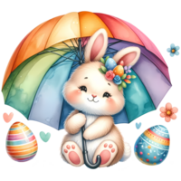 AI generated Cute rabbit with rainbow umbrella and easter eggs illustration for children png