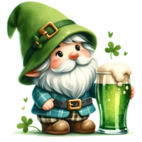 AI generated a cute gnome Leprechaun with a glass of green beer and clover. St. Patrick's Day png