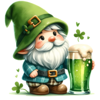 ai generiert ein süß Gnom Kobold mit ein Glas von Grün Bier und Kleeblatt. st. Patrick's Tag png