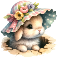 ai generato Pasqua giorno, un' carino coniglietto con uova e fiori png