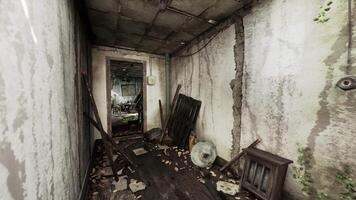 An abandoned room with a chair and a mirror, showing the devastation and decay video