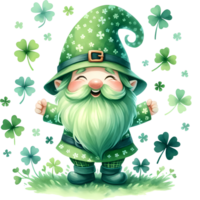 ai genererad en söt gnome pyssling med klöver. st. Patricks dag illustration. png