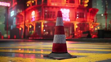 uma vermelho e branco tráfego cone sentado em a lado do uma estrada video
