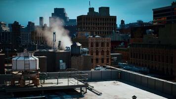 A cityscape view from a rooftop with steam rising in the foreground video