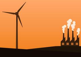 Minimal Windmill with Factory and Sunset Sky Background, Suitable for Sustainable Climate Visuals Concept. vector