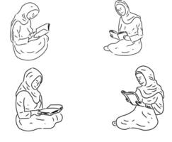 Hijabi girl reading a book. Line art vector