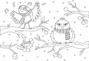 Coloring page with two birds sitting on branches in winter vector