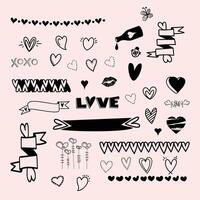 valentine's day doodles set of hearts, ribbons, bows and other items vector