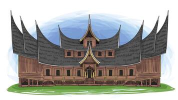 rumah Gadang Oeste Sumatra Indonesia tradicional casa dibujos animados mano dibujado ilustración vector