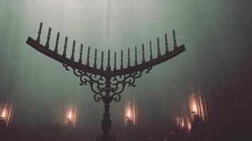 A beautifully lit chandelier in a mysterious fog-filled room video