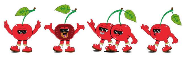 Cherry character in retro cartoon style. Vector set of cherry mascots with different emotions, arms and legs. Cute 70s aesthetic stickers.