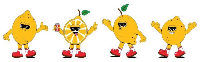 conjunto de retro dibujos animados limón Fruta caracteres. un moderno ilustración presentando linda limón mascotas en diferente poses y emociones, creando un Años 70 cómic libro onda. vector