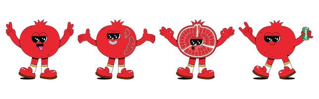 Set of retro cartoon pomegranate characters. A modern illustration featuring cute pomegranate mascots in different poses and emotions, creating a 70's comic book vibe. vector