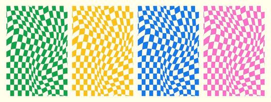 Set of trendy checkered seamless pattern in groovy style. Distorted geometric square background in vintage psychedelic y2k style in pink, green, blue and yellow colors. vector