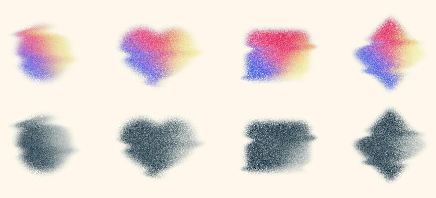 Set of elements with vector noise texture, holographic blur abstract background. Colored watercolor gradient mesh of gradations of neon iridescent colors and in black and white version.