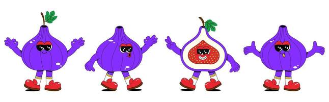 conjunto de retro dibujos animados higos Fruta caracteres. un moderno ilustración presentando linda higo mascotas en diferente poses y emociones, creando un Años 70 cómic libro onda. vector