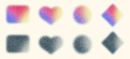 Set of elements with vector noise texture, holographic blur abstract background. Colored watercolor gradient mesh of gradations of neon iridescent colors and in black and white version.