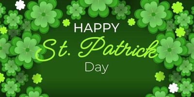 St. Patrick's Day abstract green background decorated with shamrock leaves. Patrick Day pub party celebrating. Abstract Border art design magic backdrop. Widescreen clovers on black with copy space. vector