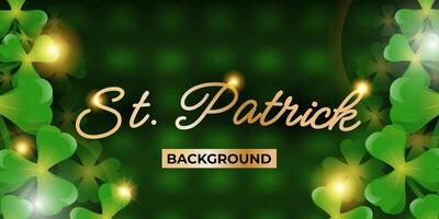 St. Patrick's Day abstract green background decorated with shamrock leaves. Patrick Day pub party celebrating. Abstract Border art design magic backdrop. Widescreen clovers on black with copy space. vector