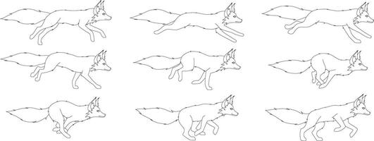 Set of frames for animating a running fox line art style isolated on white background. Illustration brings the charm of nature to life through the artful depiction of the movement vector