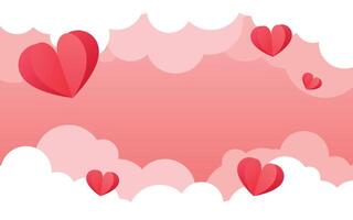 Pink Valentine's Day white soft clouds and red hearts background for card vector