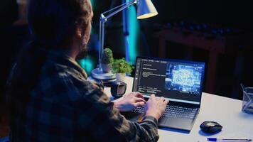 ordinateur scientifique mise à jour artificiel intelligence machine apprentissage algorithme, l'écriture binaire code scripts. télétravail il spécialiste dans appartement Bureau les usages programmation à améliorer ai, caméra b video