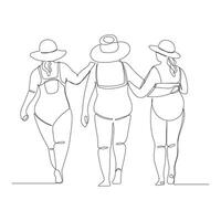 One line continuous drawing of three plus size women vector