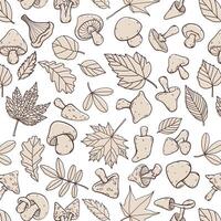 Autumn leaves and mushrooms seamless pattern, cute hand drawn line style, black and white, monochrome, vector illustration