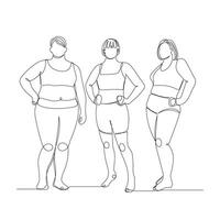 One line continuous drawing of three plus size women vector