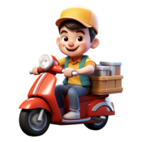 AI generated 3D delivery cartoon character with scooter isolated on transparent background png