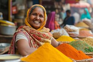 AI generated Indian spice seller woman smiling bokeh style background with generative ai photo