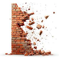 AI generated Red brick wall breaking apart, isolated on white - dynamic destruction, Ai Generated. photo