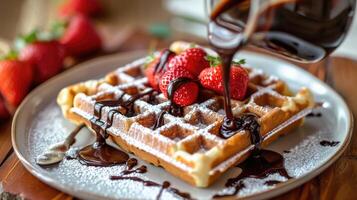 AI generated Tasty Belgian waffles, baked to perfection, adorned with luscious chocolate syrup, Ai Generated. photo