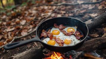 AI generated bacon and eggs sizzling in a cast iron skillet, Ai Generated. photo