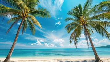 AI generated Coconut palm trees against a blue sky frame a beautiful beach, an idyllic tropical scene, Ai Generated. photo