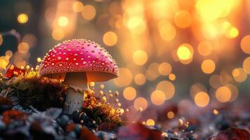 AI generated 3D render of fly agaric mushroom in a forest, surrounded by enchanting bokeh lights, Ai Generated. photo