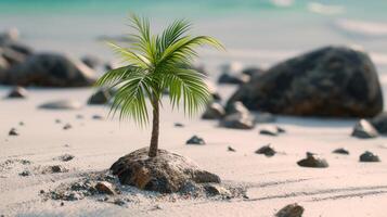 ai generado un chiquita palma árbol se balancea suavemente en un arenoso playa, rocas en el fondo, ai generado foto