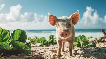 AI generated Content pig lounges on the beach, lush green plants framing the serene scene, Ai Generated. photo