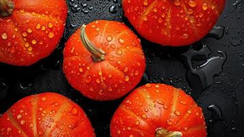 AI generated Vibrant orange pumpkins with water drops on a black background, a fresh autumnal allure, Ai Generated. photo