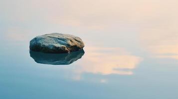 ai generado un solitario rock flotadores tranquilamente encima ondulación agua, sus reflexión reflejando tranquilidad, ai generado foto