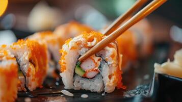 AI generated Close-up Chopsticks delicately lifting a portion of sushi roll from the table, Ai Generated. photo