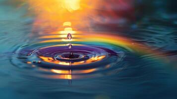 AI generated A single water drop refracts light, creating a mesmerizing lens flare or rainbow effect, Ai Generated photo