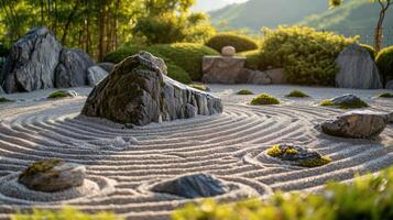 AI generated A beautiful Zen garden exudes peaceful harmony, creating a serene and tranquil atmosphere, Ai Generated. photo