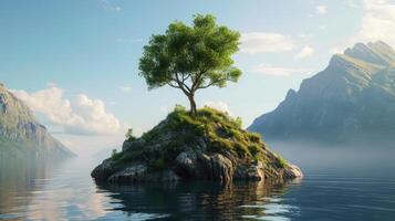 AI generated A solitary tree crowns an idyllic island, a symbol of resilience and serenity, Ai Generated photo
